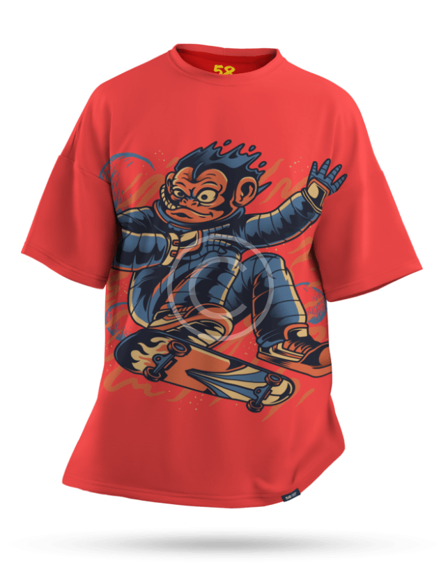 Red oversized t-shirt with a skateboarding monkey graphic print