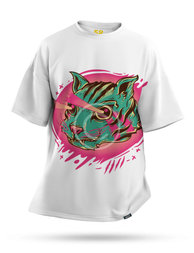 White t-shirt with a pink and green cat face graphic print