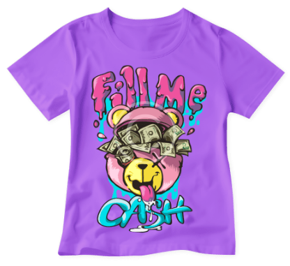 Purple kids t-shirt with a colourful cartoon graphic print