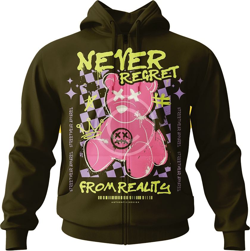 Olive hoodie with a pink teddy bear "Never Regret" graphic print
