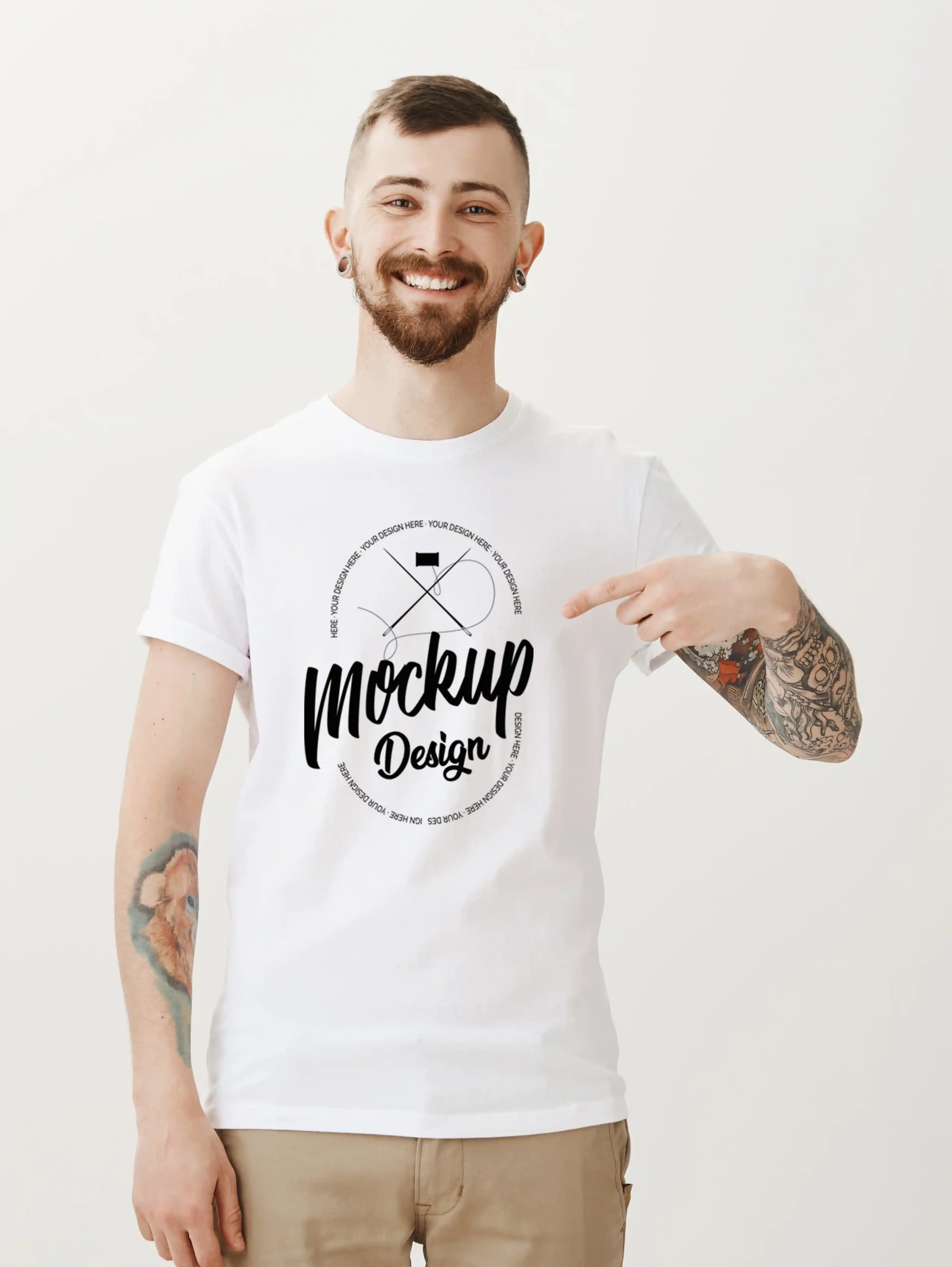 Man wearing a white t-shirt with a printed logo design