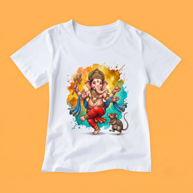 Ganpati and Mushak Raj Print T-Shirt by Kahvira Clothing